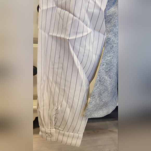 Dance & Marvel Heather Gray Sweater Blouse with Off White Pin Striped Sleeves - Picture 6 of 9